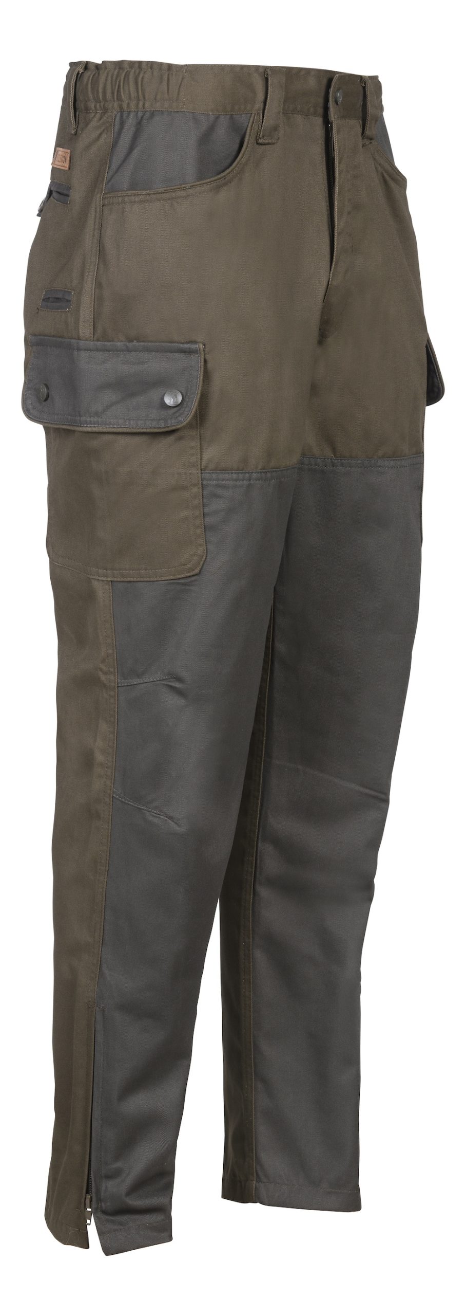 Percussion Men's Tradition Trousers in brown and dark khaki - front/side view