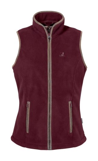 Percussion women's Scotland fleece gilet in Burgundy with beige trim - front view